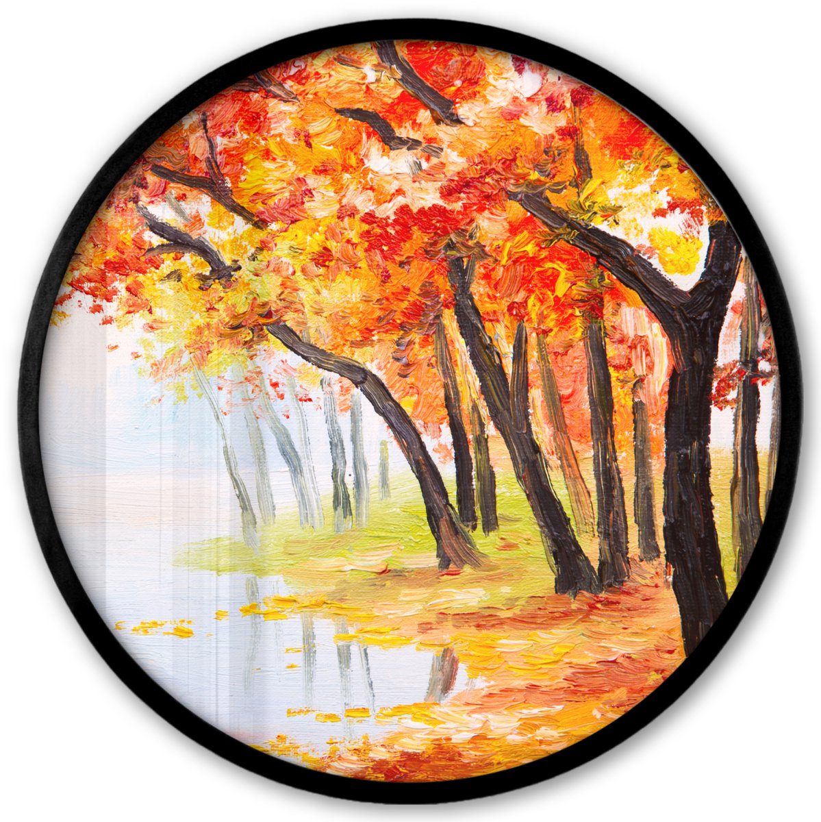 FrameYourWall Poster in lijst Rond - Fotolijst 40x40 cm - Posters - Schilderij - Herfst - Bomen - Water - Olieverf - Ronde posterlijst zwart - Decoratie - Wanddecoratie woonkamer - Muurdecoratie slaapkamer Bomen Herfst
