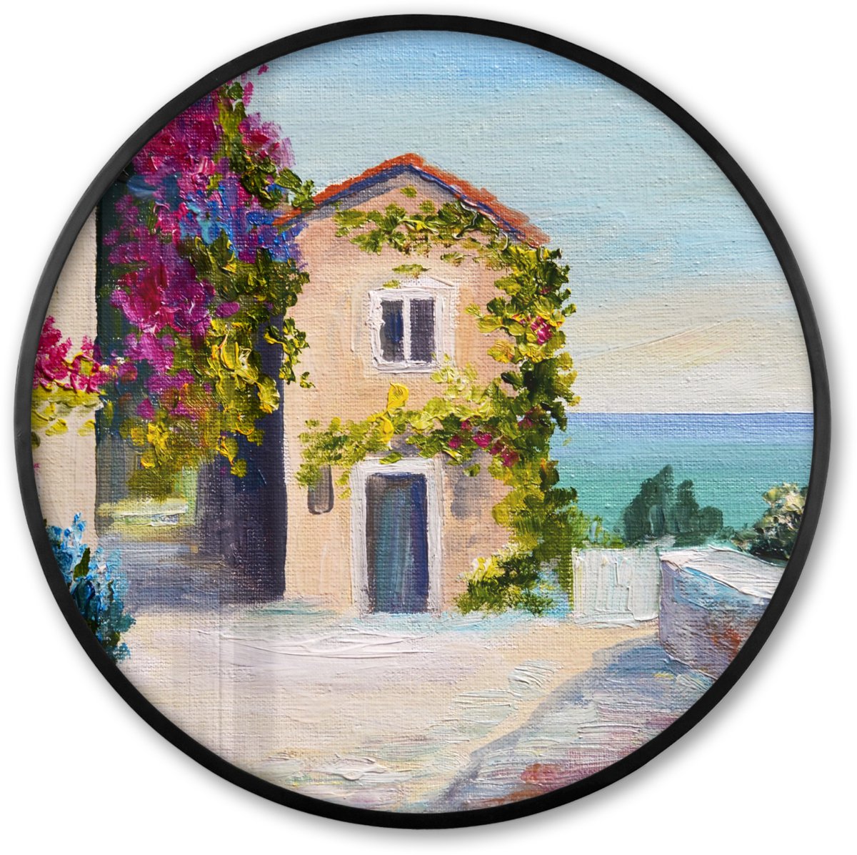 FrameYourWall Poster in lijst Rond - Fotolijst 60x60 cm - Posters - Schilderij - Huis - Olieverf - Dorp - Ronde posterlijst zwart - Decoratie - Wanddecoratie woonkamer - Muurdecoratie slaapkamer Huis Bloemen