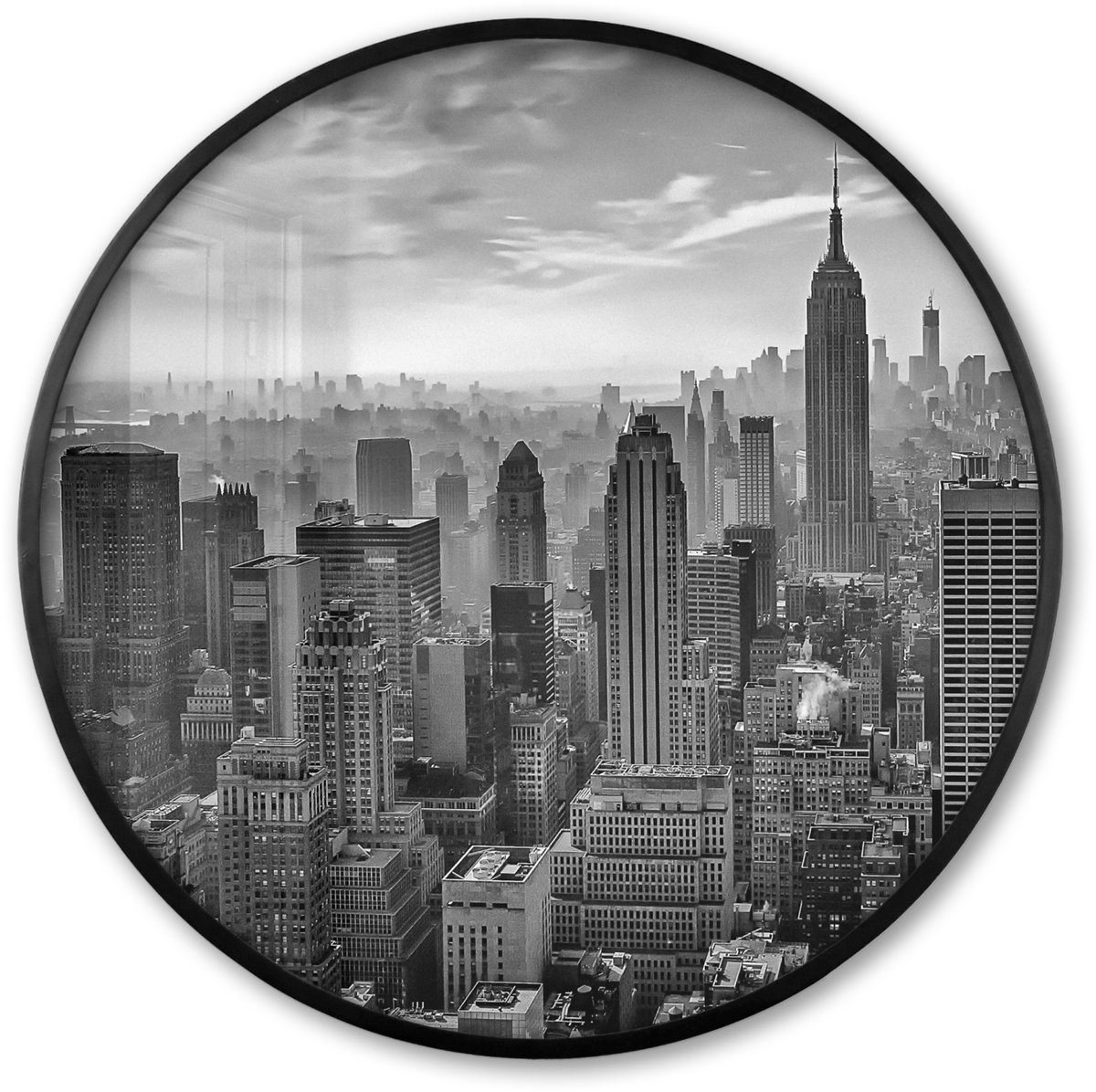 FrameYourWall Poster in lijst Rond - Fotolijst 60x60 cm - Posters - Architectuur - Zwart wit - Stad - Skyline - New York - Ronde posterlijst zwart - Decoratie - Wanddecoratie woonkamer - Muurdecoratie slaapkamer New York - Skyline