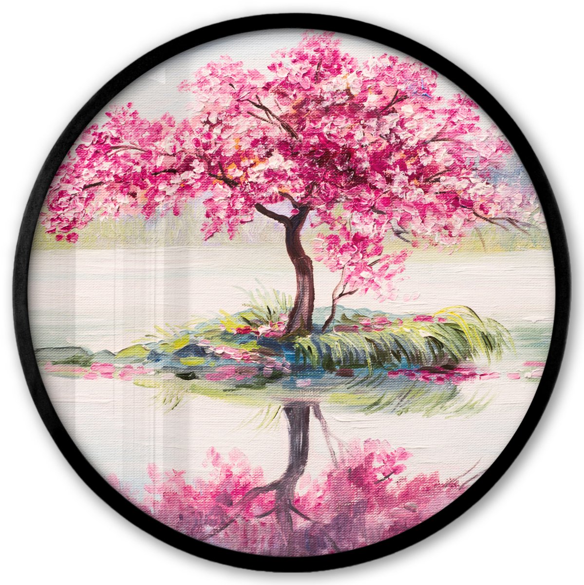 FrameYourWall Poster in lijst Rond - Fotolijst 40x40 cm - Posters - Schilderij - Bloesem - Bloesemboom - Water - Olieverf - Ronde posterlijst zwart - Decoratie - Wanddecoratie woonkamer - Muurdecoratie slaapkamer Multicolor