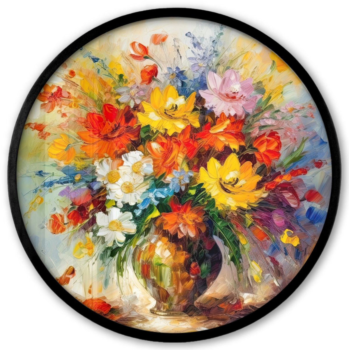 FrameYourWall Poster in lijst Rond - Fotolijst 40x40 cm - Posters - Bloemen - Kleurrijk - Olieverf - Bloempot - Ronde posterlijst zwart - Decoratie - Wanddecoratie woonkamer - Muurdecoratie slaapkamer Bloemen - Oil painting