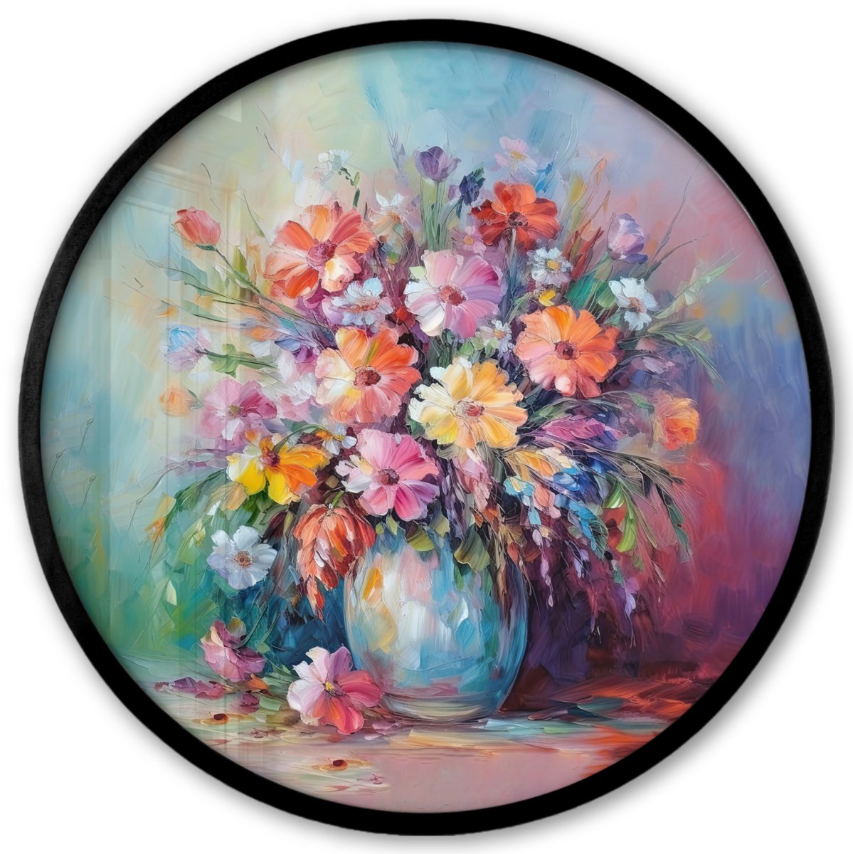 FrameYourWall Poster in lijst Rond - Fotolijst 40x40 cm - Posters - Bloemen - Kunst - Schilderij - Lente - Boeket - Ronde posterlijst zwart - Decoratie - Wanddecoratie woonkamer - Muurdecoratie slaapkamer Bloemen - Vaas