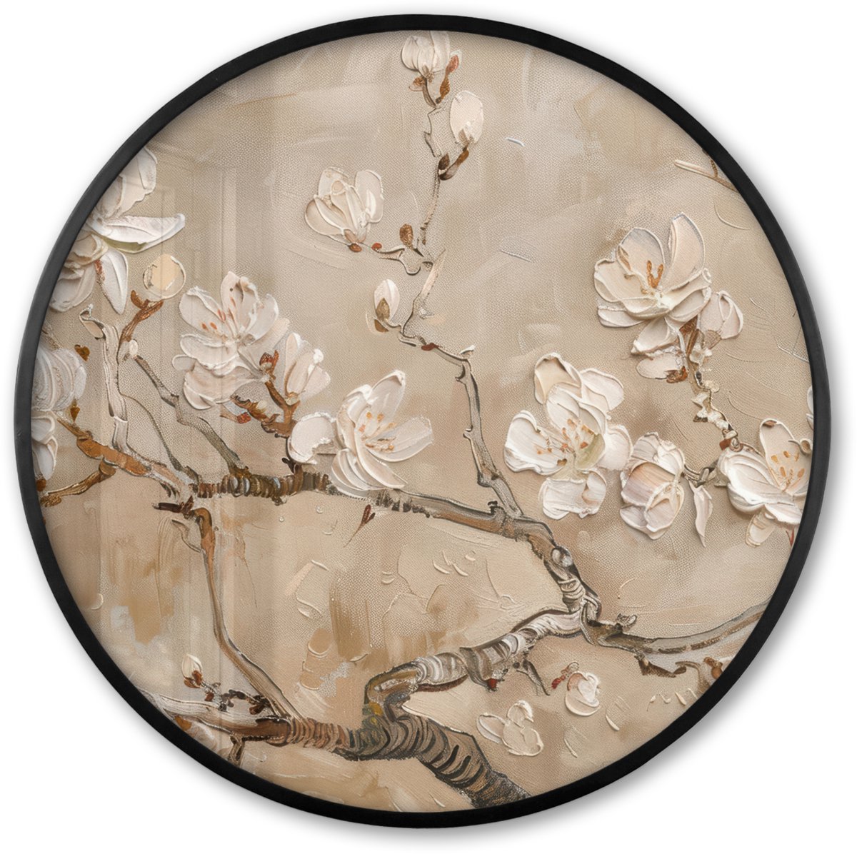 FrameYourWall Poster in lijst Rond - Fotolijst 60x60 cm - Posters - Bloemen - Modern - Beige - Wit - Bloesem - Ronde posterlijst zwart - Decoratie - Wanddecoratie woonkamer - Muurdecoratie slaapkamer
