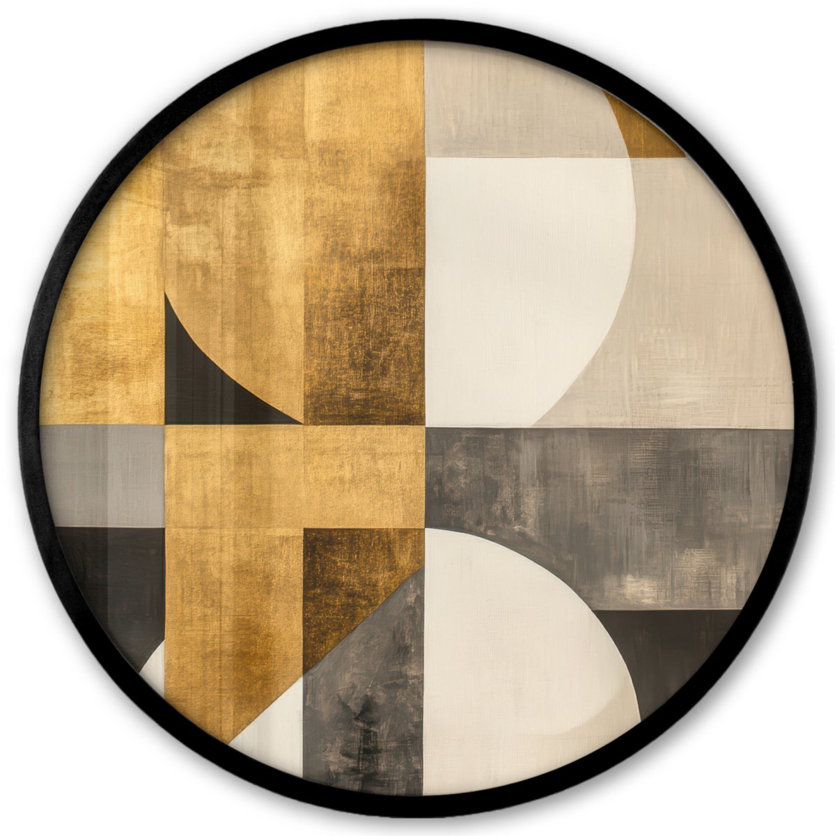 FrameYourWall Poster in lijst Rond - Fotolijst 40x40 cm - Posters - Abstract - Goud - Grijs - Vormen - Geometrisch - Ronde posterlijst zwart - Decoratie - Wanddecoratie woonkamer - Muurdecoratie slaapkamer Abstracte vormen
