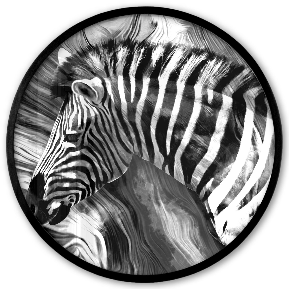 FrameYourWall Poster in lijst Rond - Fotolijst 40x40 cm - Posters - Schilderij - Olieverf - Zebra - Dieren - Zwart - Wit - Ronde posterlijst zwart - Decoratie - Wanddecoratie woonkamer - Muurdecoratie slaapkamer Multicolor