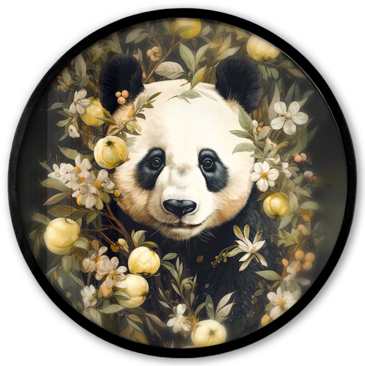 FrameYourWall Poster in lijst Rond - Fotolijst 40x40 cm - Posters - Panda - Pandabeer - Wilde dieren - Natuur - Bloemen - Ronde posterlijst zwart - Decoratie - Wanddecoratie woonkamer - Muurdecoratie slaapkamer Panda - Dieren