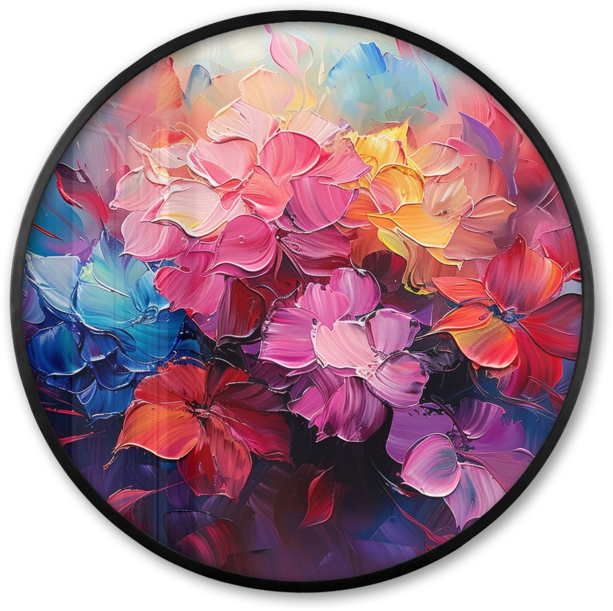 FrameYourWall Poster in lijst Rond - Fotolijst 80x80 cm - Posters - Bloemen - Verf - Abstract - Kleurrijk - Ronde posterlijst zwart - Decoratie - Wanddecoratie woonkamer - Muurdecoratie slaapkamer