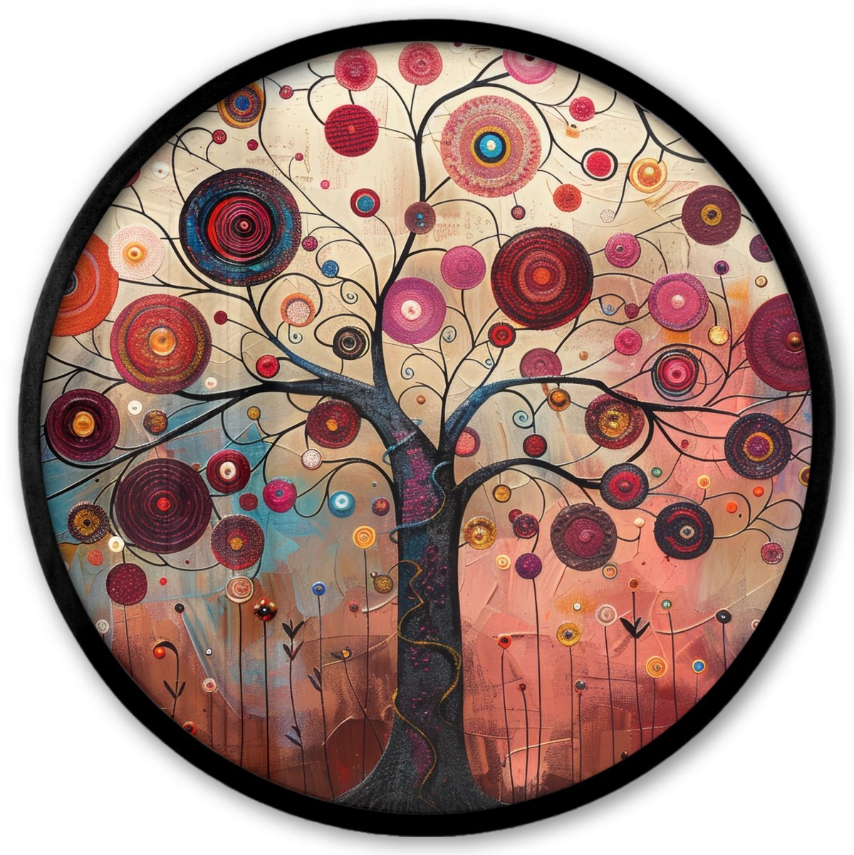 FrameYourWall Poster in lijst Rond - Fotolijst 40x40 cm - Posters - Boom - Paars - Abstract - Kunst - Ronde posterlijst zwart - Decoratie - Wanddecoratie woonkamer - Muurdecoratie slaapkamer