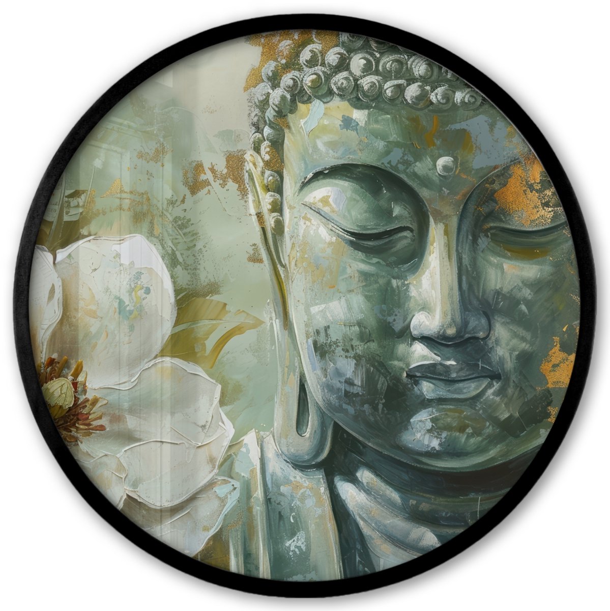 FrameYourWall Poster in lijst Rond - Fotolijst 40x40 cm - Posters - Boeddha - Groen - Lotusbloem - Wit - Ronde posterlijst zwart - Decoratie - Wanddecoratie woonkamer - Muurdecoratie slaapkamer