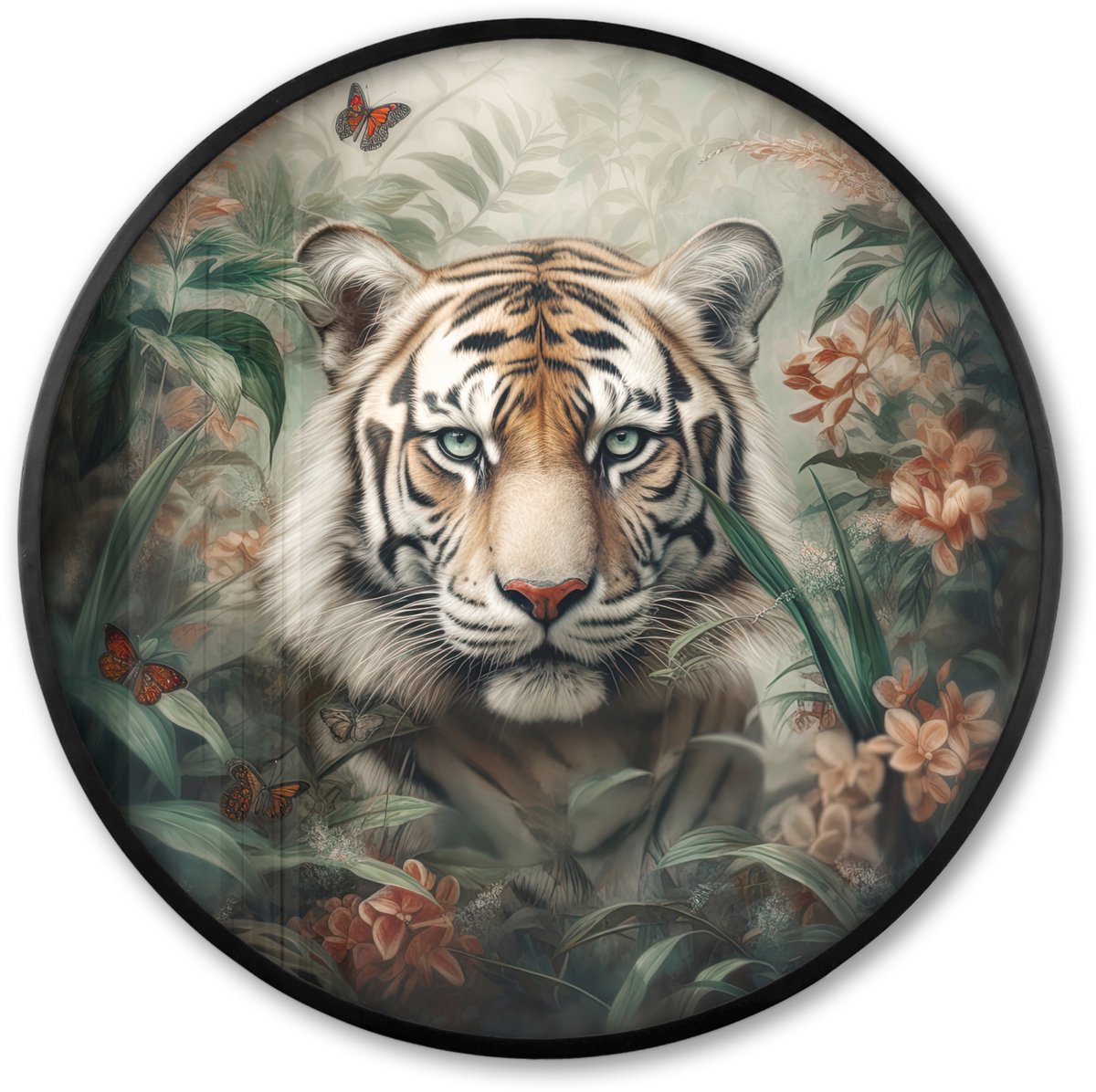 FrameYourWall Poster in lijst Rond - Fotolijst 80x80 cm - Posters - Tijger - Vlinders - Dieren - Jungle - Bloemen - Ronde posterlijst zwart - Decoratie - Wanddecoratie woonkamer - Muurdecoratie slaapkamer Tijger - Bloemen - Natuur