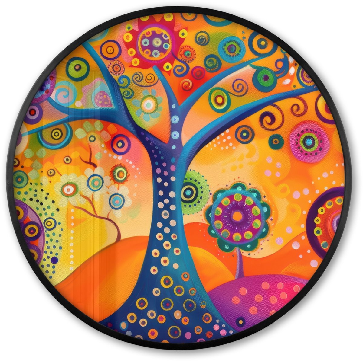 FrameYourWall Poster in lijst Rond - Fotolijst 60x60 cm - Posters - Boom - Levensboom - Abstract - Kleurrijk - Ronde posterlijst zwart - Decoratie - Wanddecoratie woonkamer - Muurdecoratie slaapkamer Levensboom - Kleurrijk