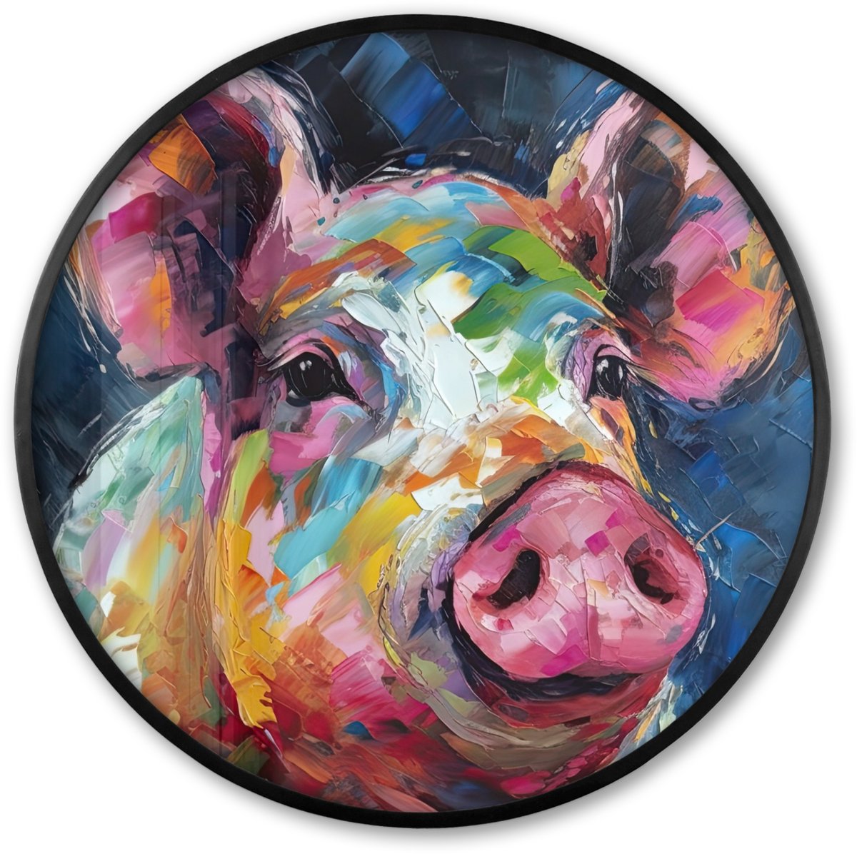 FrameYourWall Poster in lijst Rond - Fotolijst 60x60 cm - Posters - Varken - Olieverf - Dieren - Kunst - Ronde posterlijst zwart - Decoratie - Wanddecoratie woonkamer - Muurdecoratie slaapkamer Olieverf - Varken