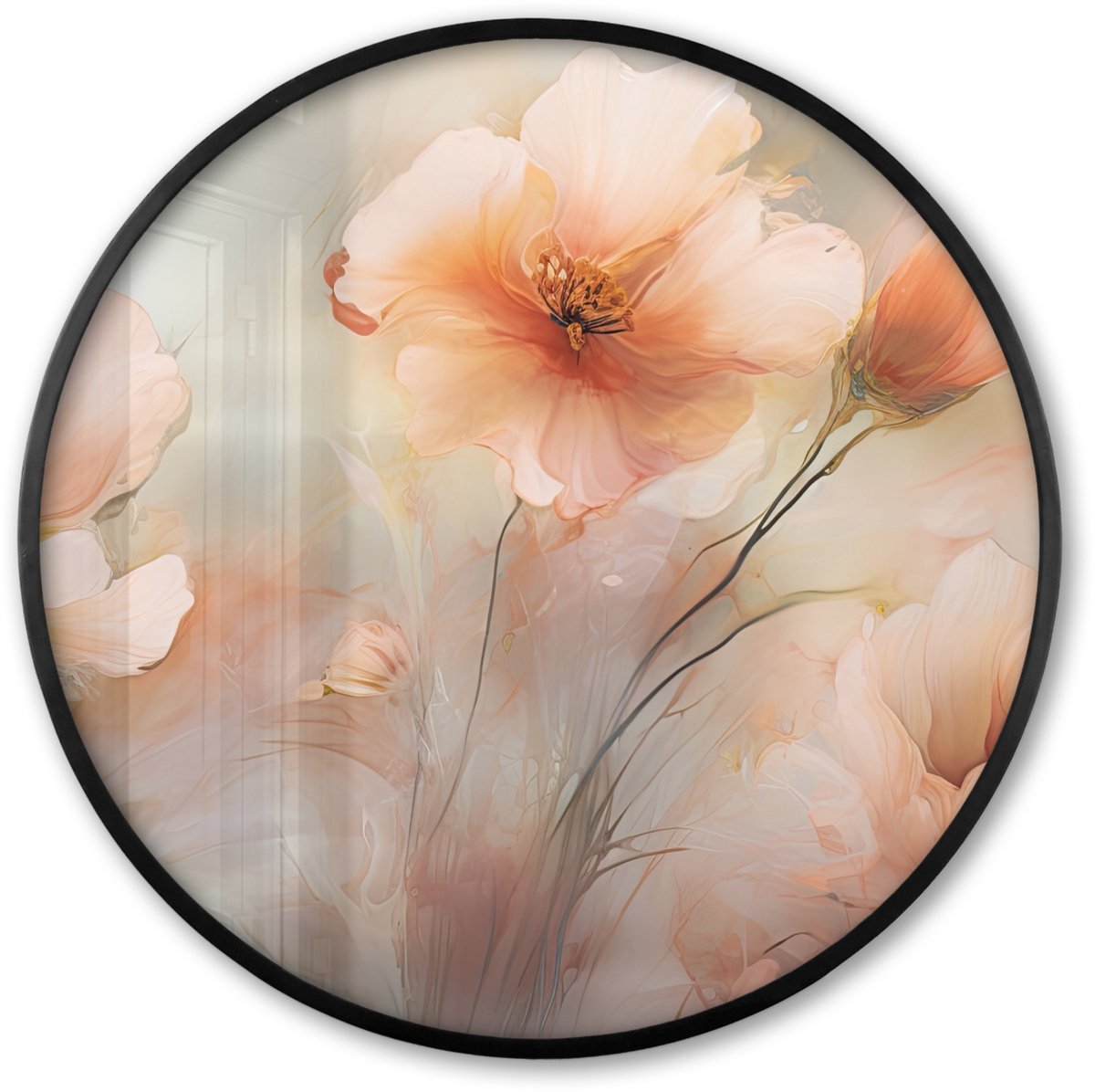 FrameYourWall Poster in lijst Rond - Fotolijst 80x80 cm - Posters - Bloemen - Pastel - Kunst - Klaprozen - Watercolor - Ronde posterlijst zwart - Decoratie - Wanddecoratie woonkamer - Muurdecoratie slaapkamer Oranje klaprozen - Pastel