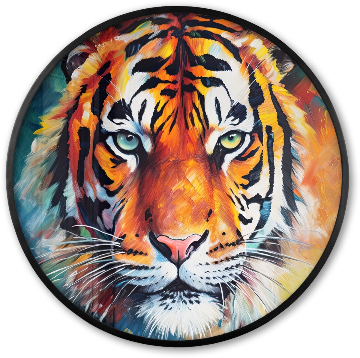 FrameYourWall Poster in lijst Rond - Fotolijst 60x60 cm - Posters - Tijger - Dieren - Olieverf - Kunst - Ronde posterlijst zwart - Decoratie - Wanddecoratie woonkamer - Muurdecoratie slaapkamer Tijger - Verf