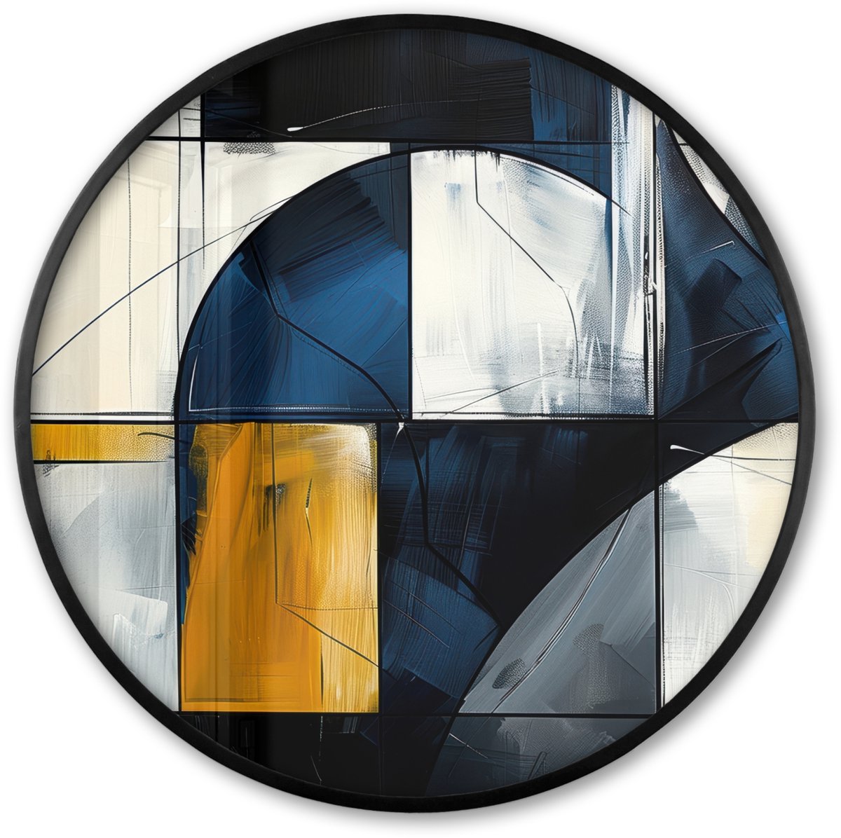 FrameYourWall Poster in lijst Rond - Fotolijst 80x80 cm - Posters - Abstract - Vormen - Goud - Blauw - Geometrisch - Ronde posterlijst zwart - Decoratie - Wanddecoratie woonkamer - Muurdecoratie slaapkamer