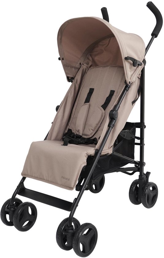 Beige buggy met 5-puntsgordel en verstelbare rugleuning. Zwart frame met vier wielen.