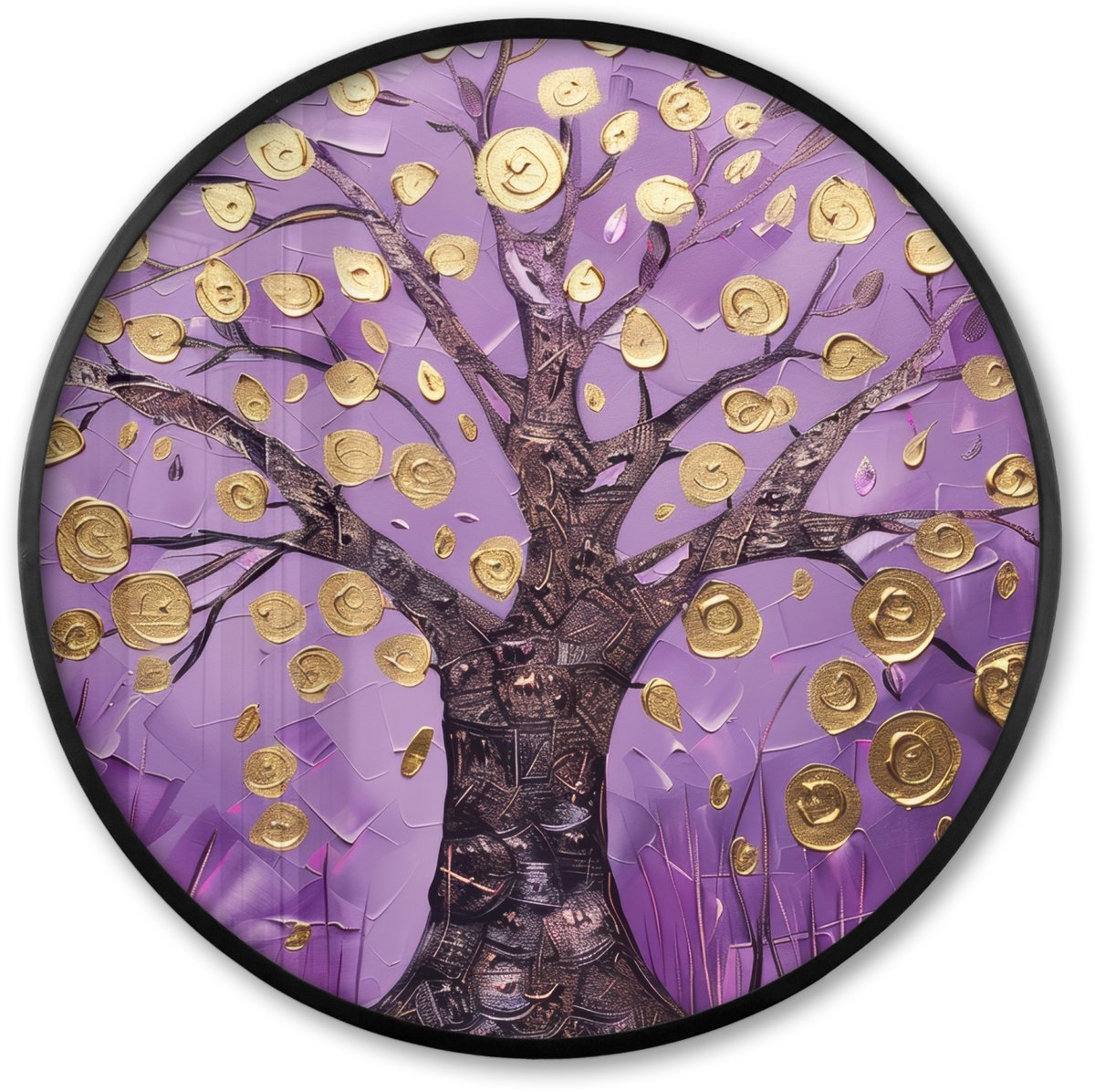 FrameYourWall Poster in lijst Rond - Fotolijst 60x60 cm - Posters - Levensboom - Boom - Paars - Goud - Modern - Ronde posterlijst zwart - Decoratie - Wanddecoratie woonkamer - Muurdecoratie slaapkamer