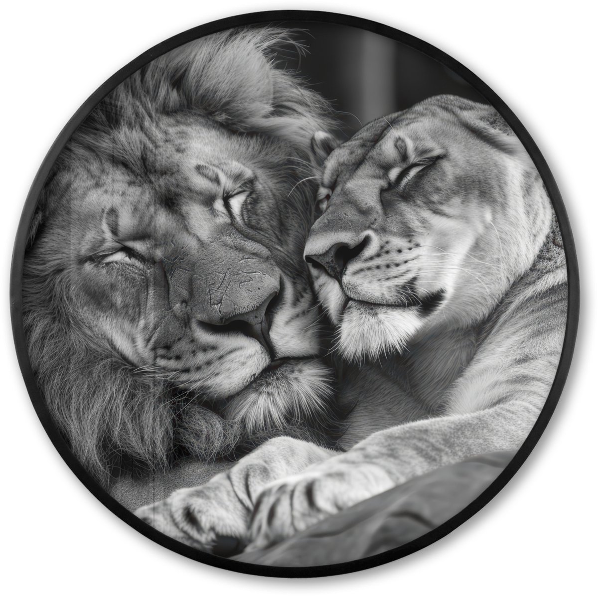 FrameYourWall Poster in lijst Rond - Fotolijst 60x60 cm - Posters - Leeuwen - Dieren - Zwart - Wit - Leeuw - Ronde posterlijst zwart - Decoratie - Wanddecoratie woonkamer - Muurdecoratie slaapkamer