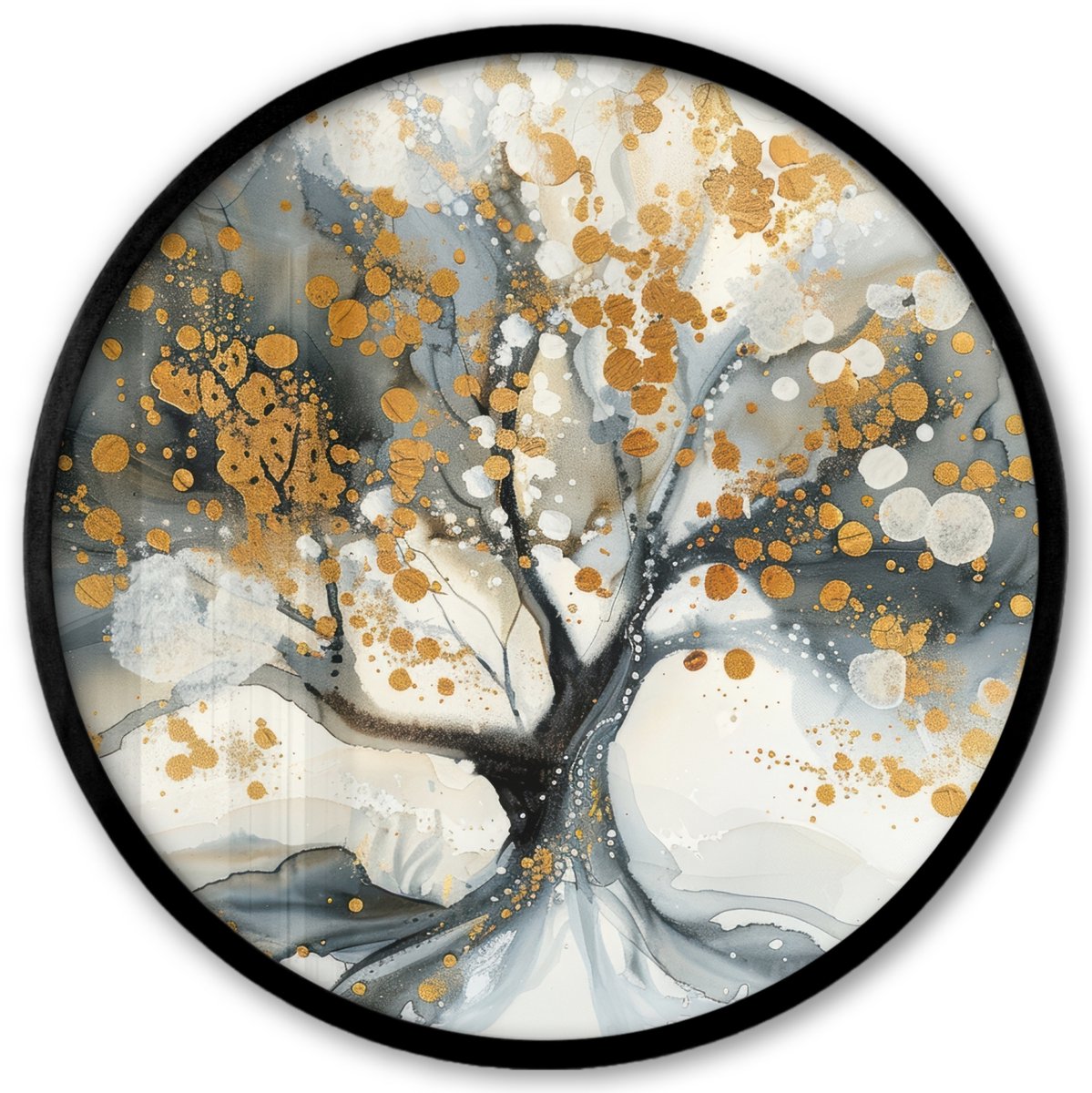 FrameYourWall Poster in lijst Rond - Fotolijst 40x40 cm - Posters - Boom - Modern - Abstract - Goud - Zwart - Wit - Ronde posterlijst zwart - Decoratie - Wanddecoratie woonkamer - Muurdecoratie slaapkamer