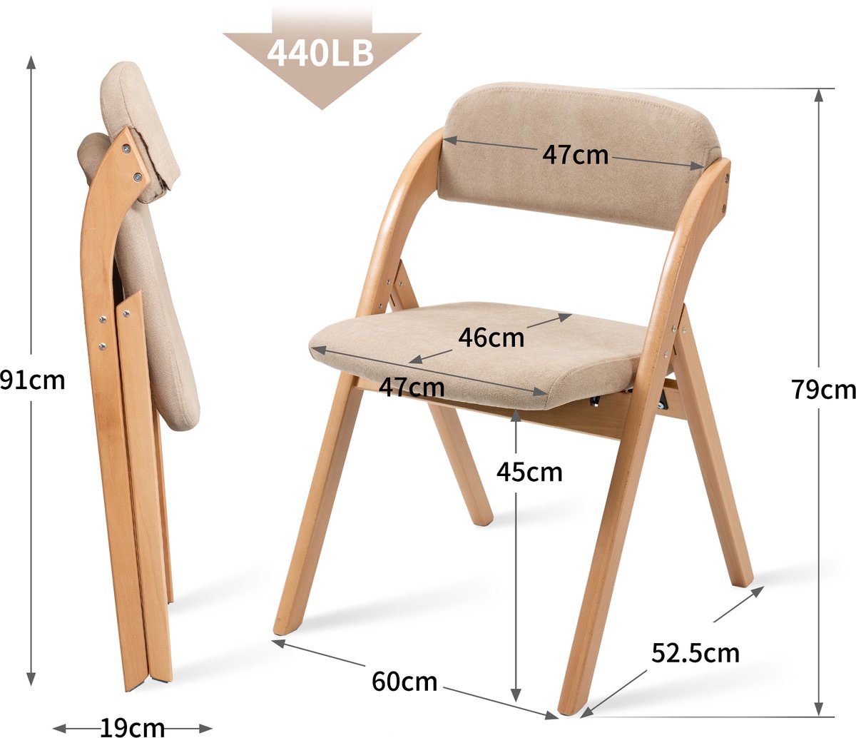 HOMEFUN Opvouwbare Stoelen met Gepadding Zitvlak, Set van 2 Houten Stapelbare Eetkamerstoelen met Afneembare Hoes, Extra Opvouwbare Gastenstoel voor Keuken, Kantoor, Trouwfeest, Feestje en Picknick, Khaki