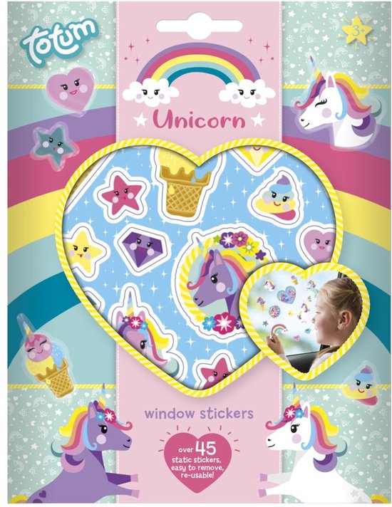 Totum Unicorn Raamstickers verplaatsbare stickers eenhoorn | 60 delig niet permanent voor thuis en op reis | speelgoed junior vanaf 3 jaar
