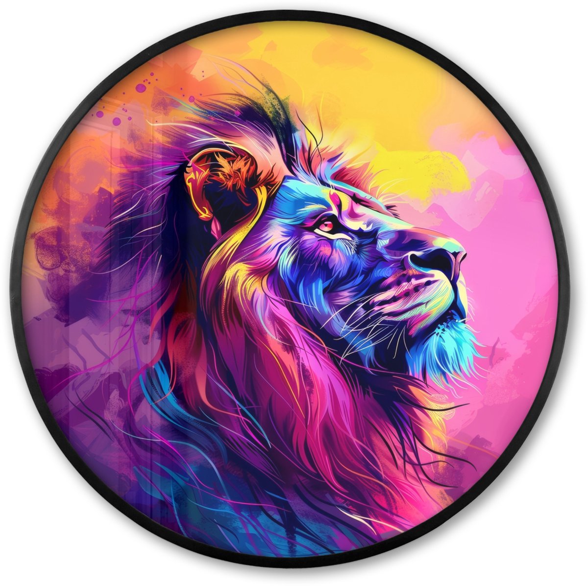FrameYourWall Poster in lijst Rond - Fotolijst 80x80 cm - Posters - Leeuw - Verf- Kleuren - Dier - Ronde posterlijst zwart - Decoratie - Wanddecoratie woonkamer - Muurdecoratie slaapkamer