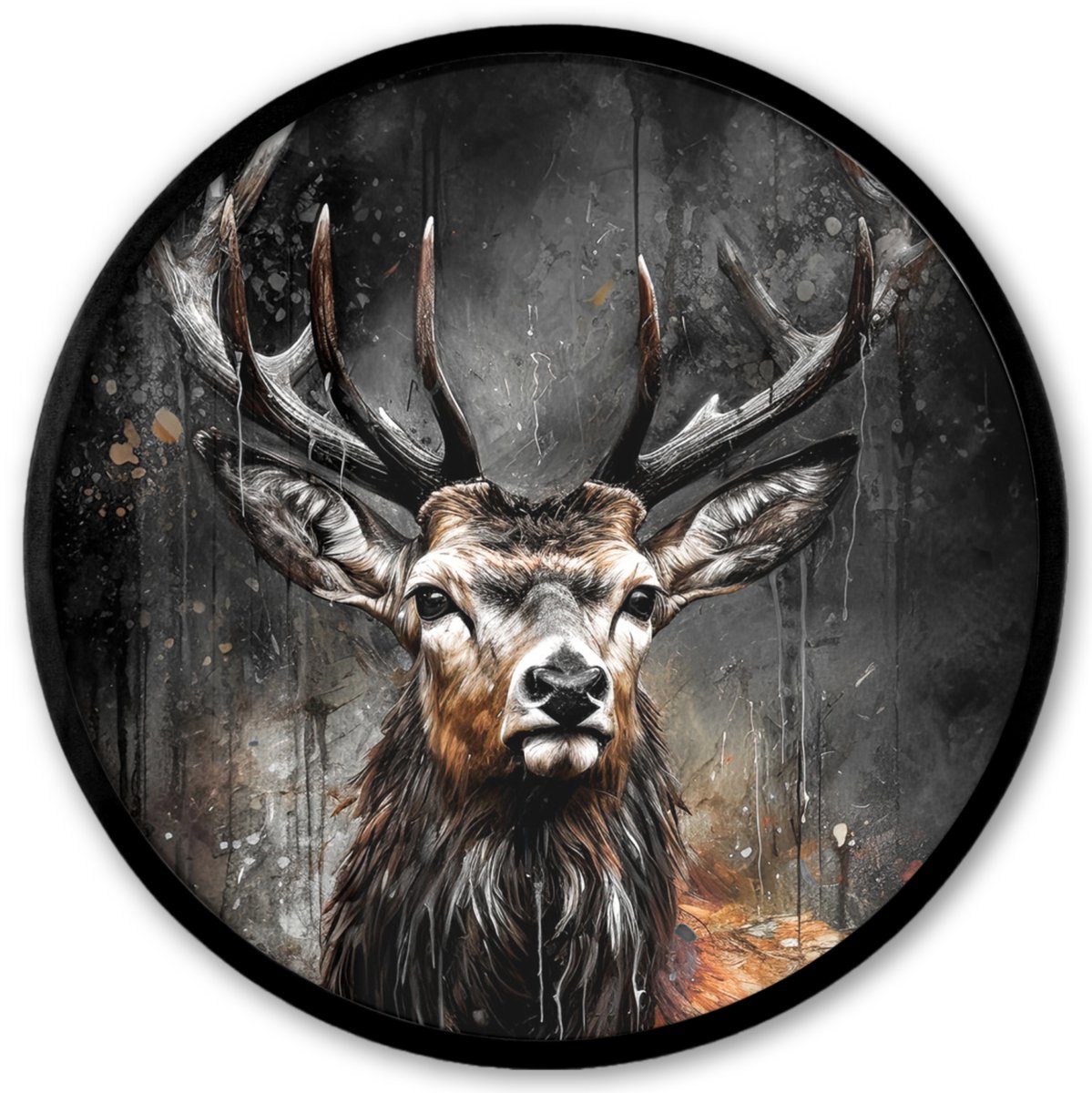 FrameYourWall Poster in lijst Rond - Fotolijst 40x40 cm - Posters - Hert - Zwart - Dier - Hertenkop - Ronde posterlijst zwart - Decoratie - Wanddecoratie woonkamer - Muurdecoratie slaapkamer