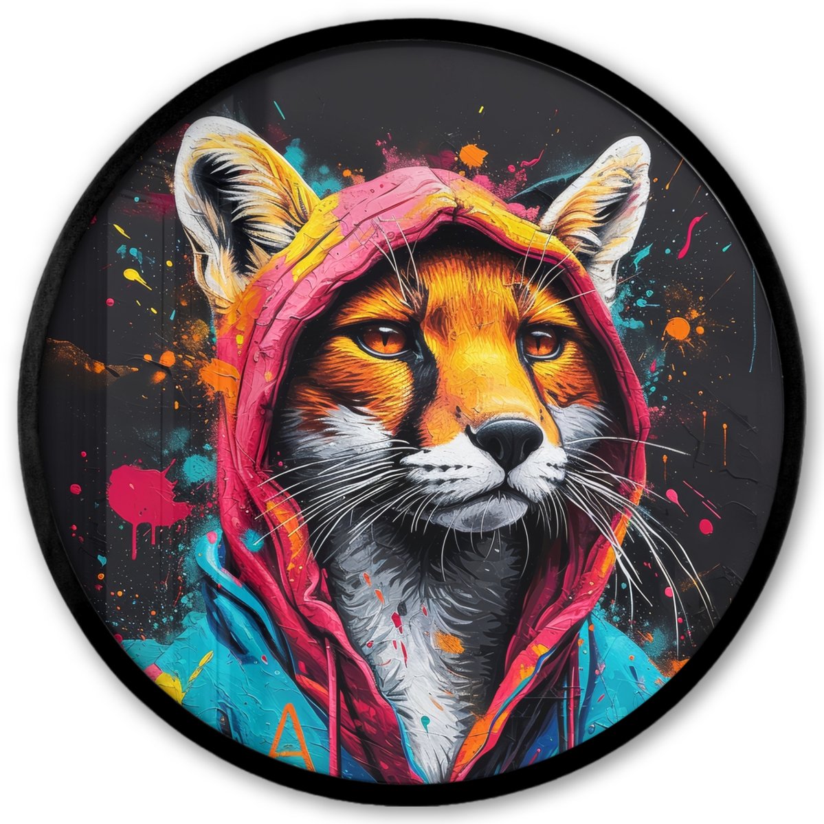 FrameYourWall Poster in lijst Rond - Fotolijst 40x40 cm - Posters - Graffiti - Vos - Jas - Pop art - Dieren - Ronde posterlijst zwart - Decoratie - Wanddecoratie woonkamer - Muurdecoratie slaapkamer