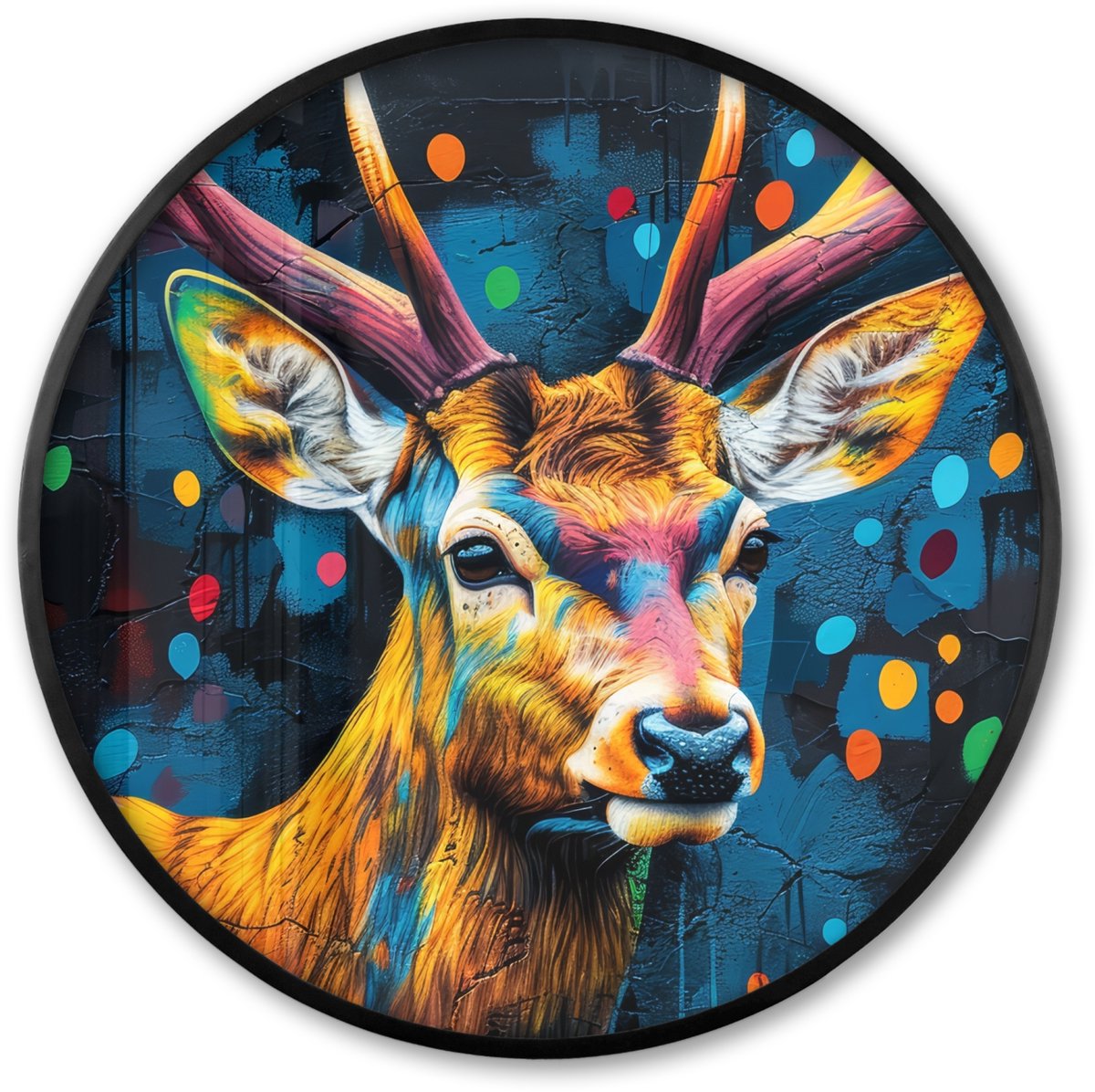 FrameYourWall Poster in lijst Rond - Fotolijst 80x80 cm - Posters - Graffiti - Hert - Dier - Kleurrijk - Ronde posterlijst zwart - Decoratie - Wanddecoratie woonkamer - Muurdecoratie slaapkamer