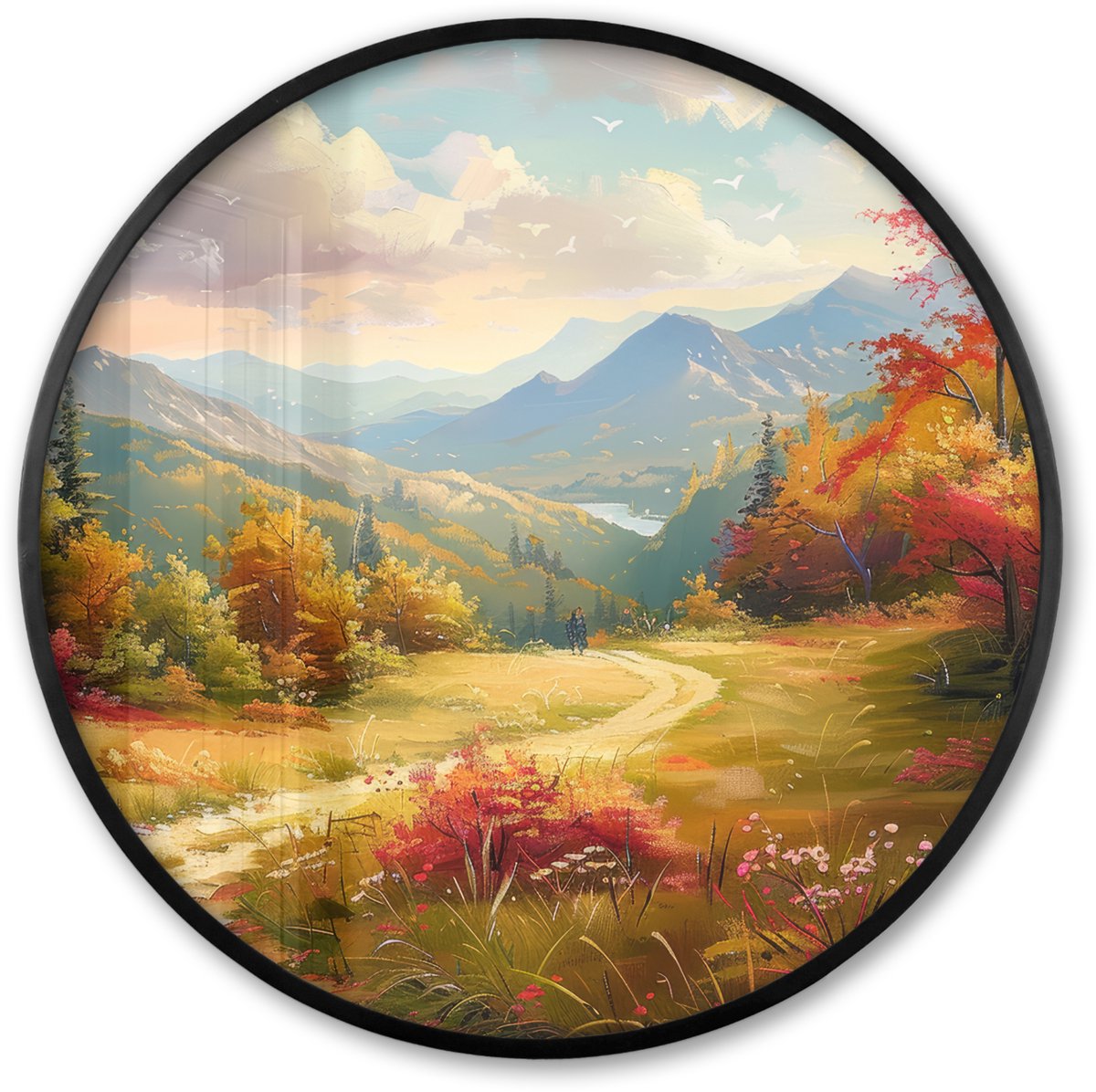 FrameYourWall Poster in lijst Rond - Fotolijst 60x60 cm - Posters - Landschap - Illustratie - Natuur - Ronde posterlijst zwart - Decoratie - Wanddecoratie woonkamer - Muurdecoratie slaapkamer Natuur landschap