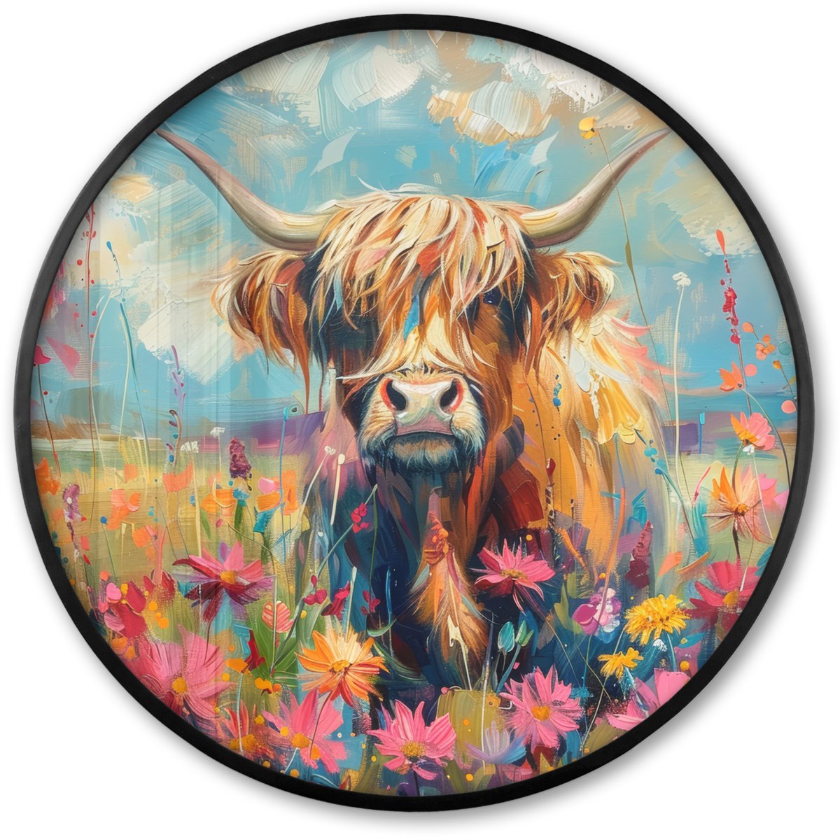 FrameYourWall Poster in lijst Rond - Fotolijst 80x80 cm - Posters - Schotse hooglander - Natuur - Kleurrijk - Bloemen - Ronde posterlijst zwart - Decoratie - Wanddecoratie woonkamer - Muurdecoratie slaapkamer