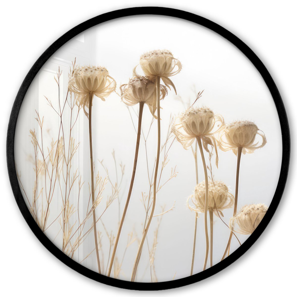FrameYourWall Poster in lijst Rond - Fotolijst 40x40 cm - Posters - Droogbloemen - Natuur - Botanisch - Ronde posterlijst zwart - Decoratie - Wanddecoratie woonkamer - Muurdecoratie slaapkamer Planten