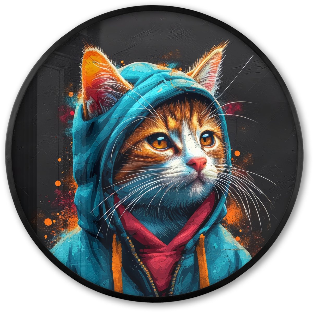 FrameYourWall Poster in lijst Rond - Fotolijst 80x80 cm - Posters - Graffiti - Kat - Zwart - Jas - Street art - Ronde posterlijst zwart - Decoratie - Wanddecoratie woonkamer - Muurdecoratie slaapkamer