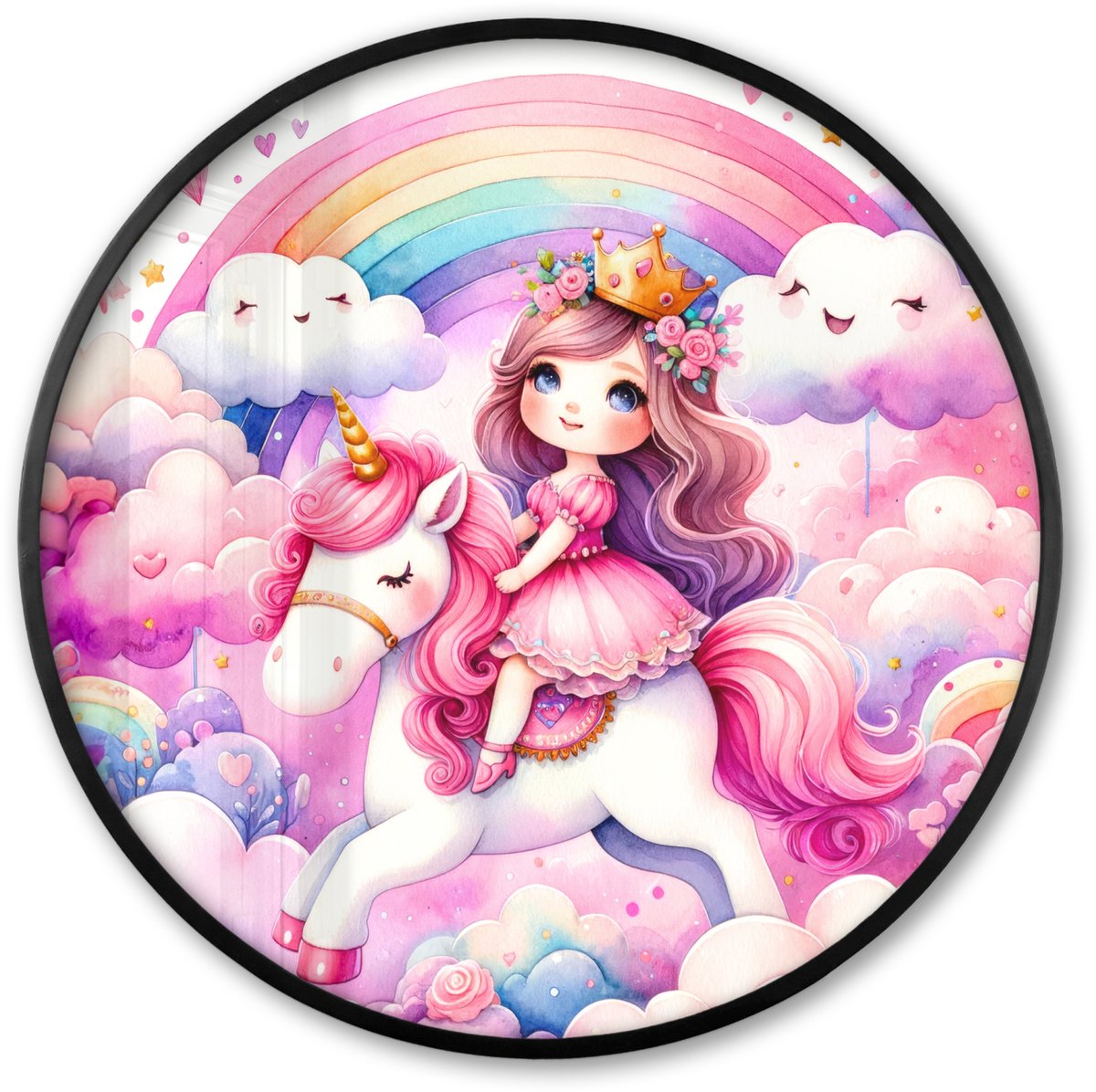 FrameYourWall Poster in lijst Rond - Fotolijst 60x60 cm - Posters - Eenhoorn - Prinses - Unicorn - Roze - Regenboog - Ronde posterlijst zwart - Decoratie - Wanddecoratie woonkamer - Muurdecoratie slaapkamer