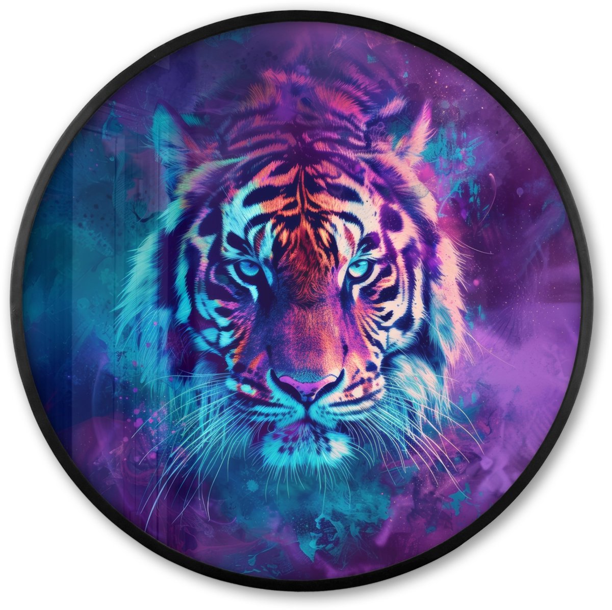FrameYourWall Poster in lijst Rond - Fotolijst 60x60 cm - Posters - Tijger - Kleurrijk - Rook - Dieren - Ronde posterlijst zwart - Decoratie - Wanddecoratie woonkamer - Muurdecoratie slaapkamer