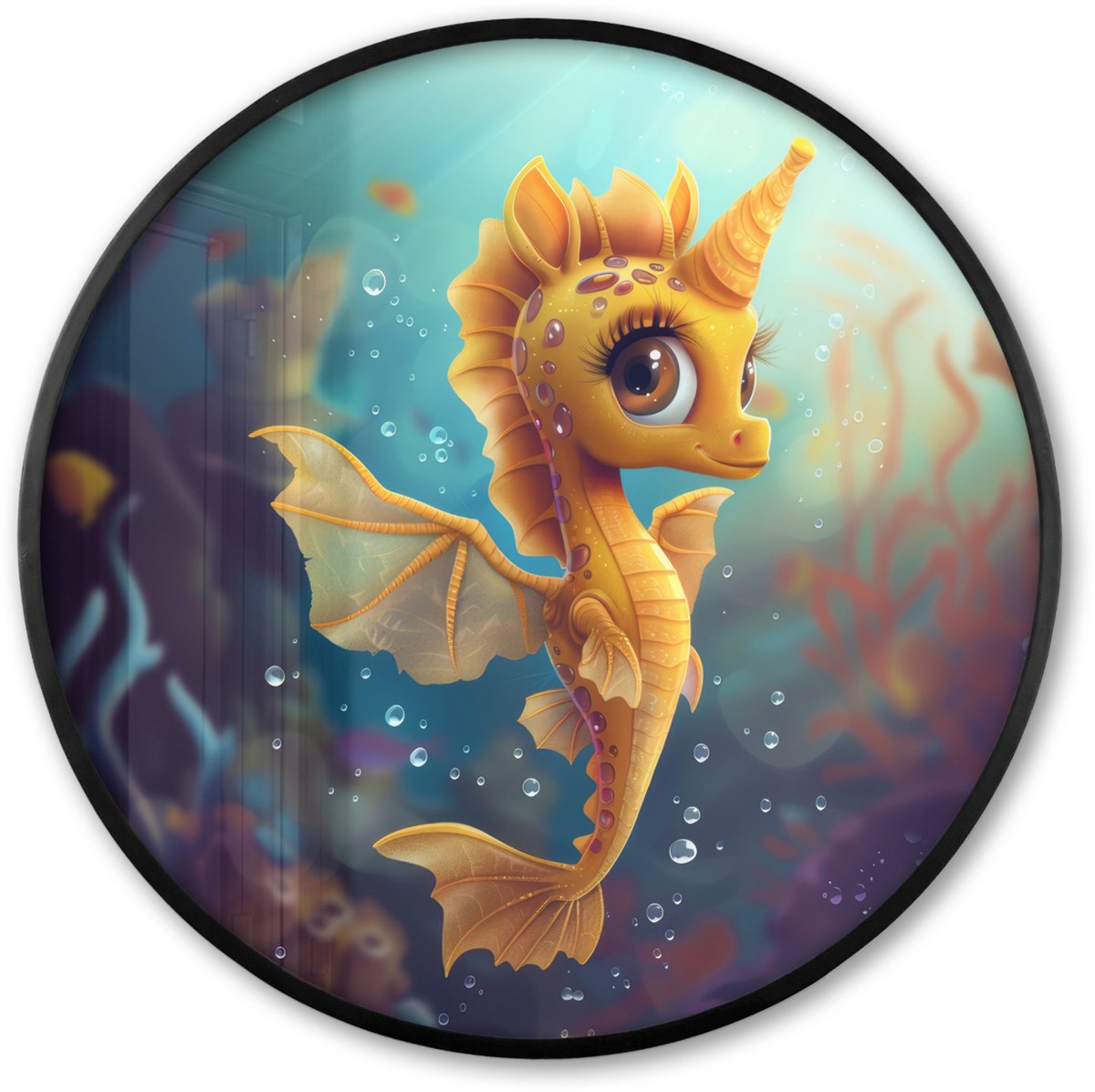 FrameYourWall Poster in lijst Rond - Fotolijst 80x80 cm - Posters - Zeepaardje - Onderwater - Zeedieren - Oceaan - Ronde posterlijst zwart - Decoratie - Wanddecoratie woonkamer - Muurdecoratie slaapkamer