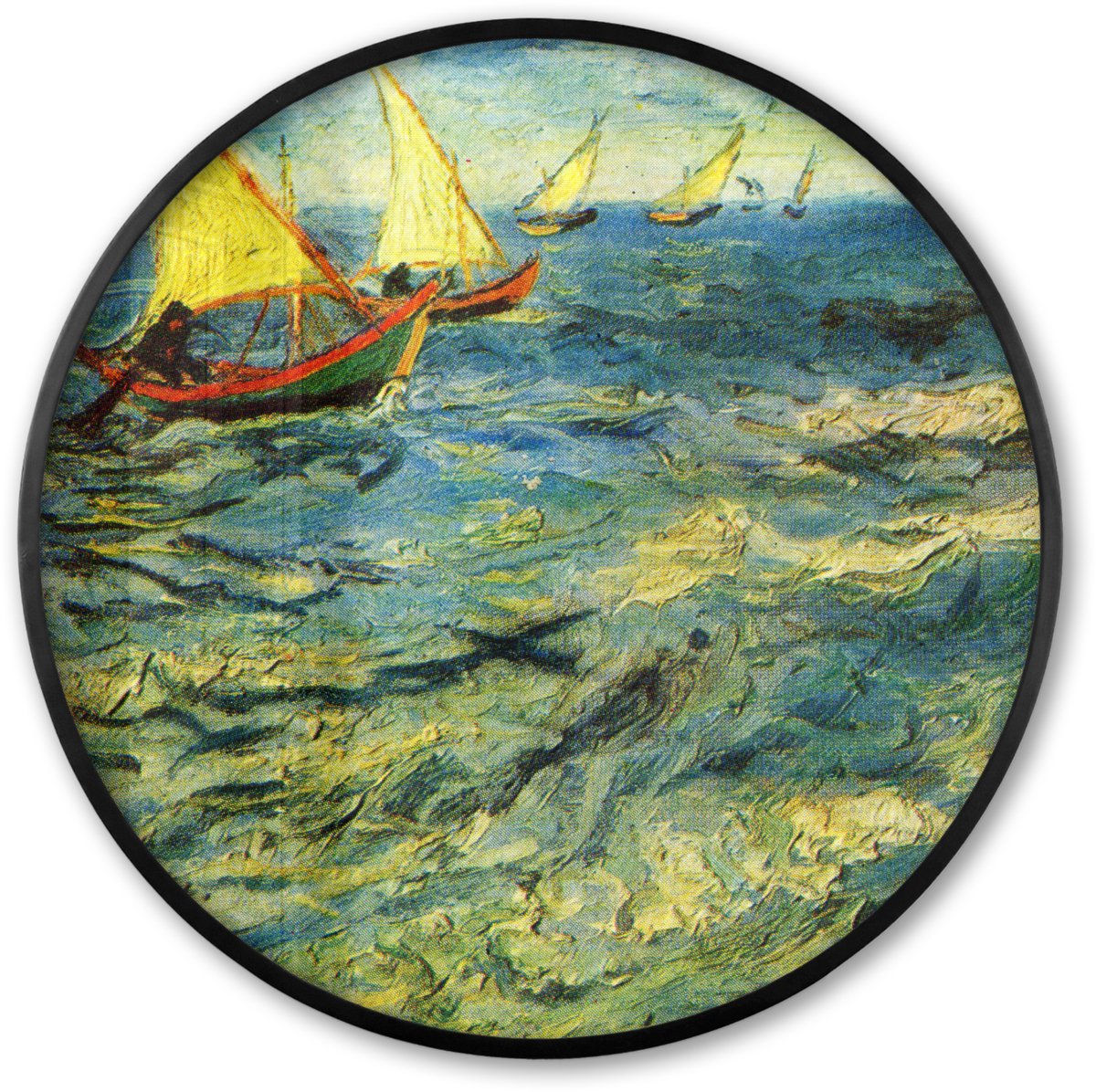 FrameYourWall Poster in lijst Rond - Fotolijst 80x80 cm - Posters - Vissersboten op zee - Vincent van Gogh - Ronde posterlijst zwart - Decoratie - Wanddecoratie woonkamer - Muurdecoratie slaapkamer Multicolor