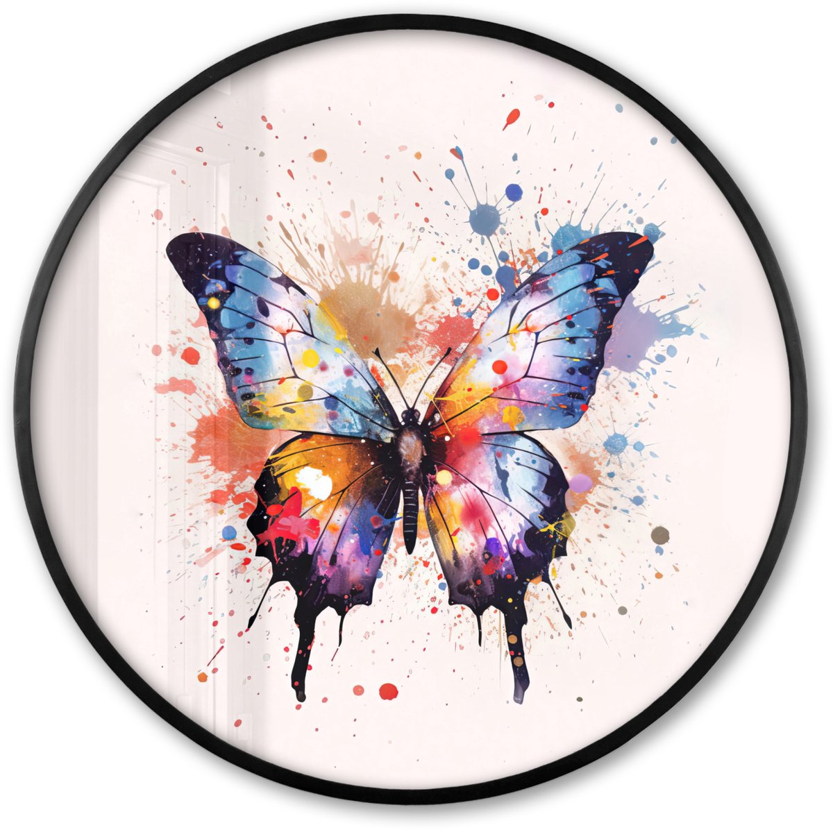 FrameYourWall Poster in lijst Rond - Fotolijst 60x60 cm - Posters - Vlinder - Roze - Verf - Kleurrijk - Ronde posterlijst zwart - Decoratie - Wanddecoratie woonkamer - Muurdecoratie slaapkamer Vlinder - Kleurrijk