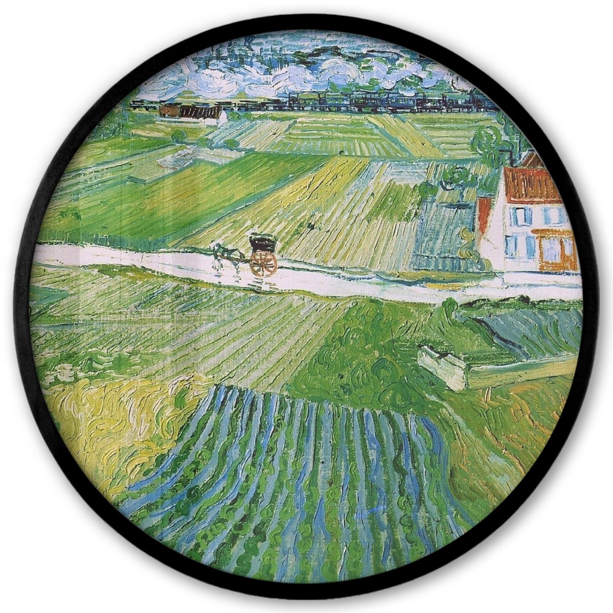 FrameYourWall Poster in lijst Rond - Fotolijst 40x40 cm - Posters - Landschap met koets en trein - Vincent van Gogh - Ronde posterlijst zwart - Decoratie - Wanddecoratie woonkamer - Muurdecoratie slaapkamer Multicolor
