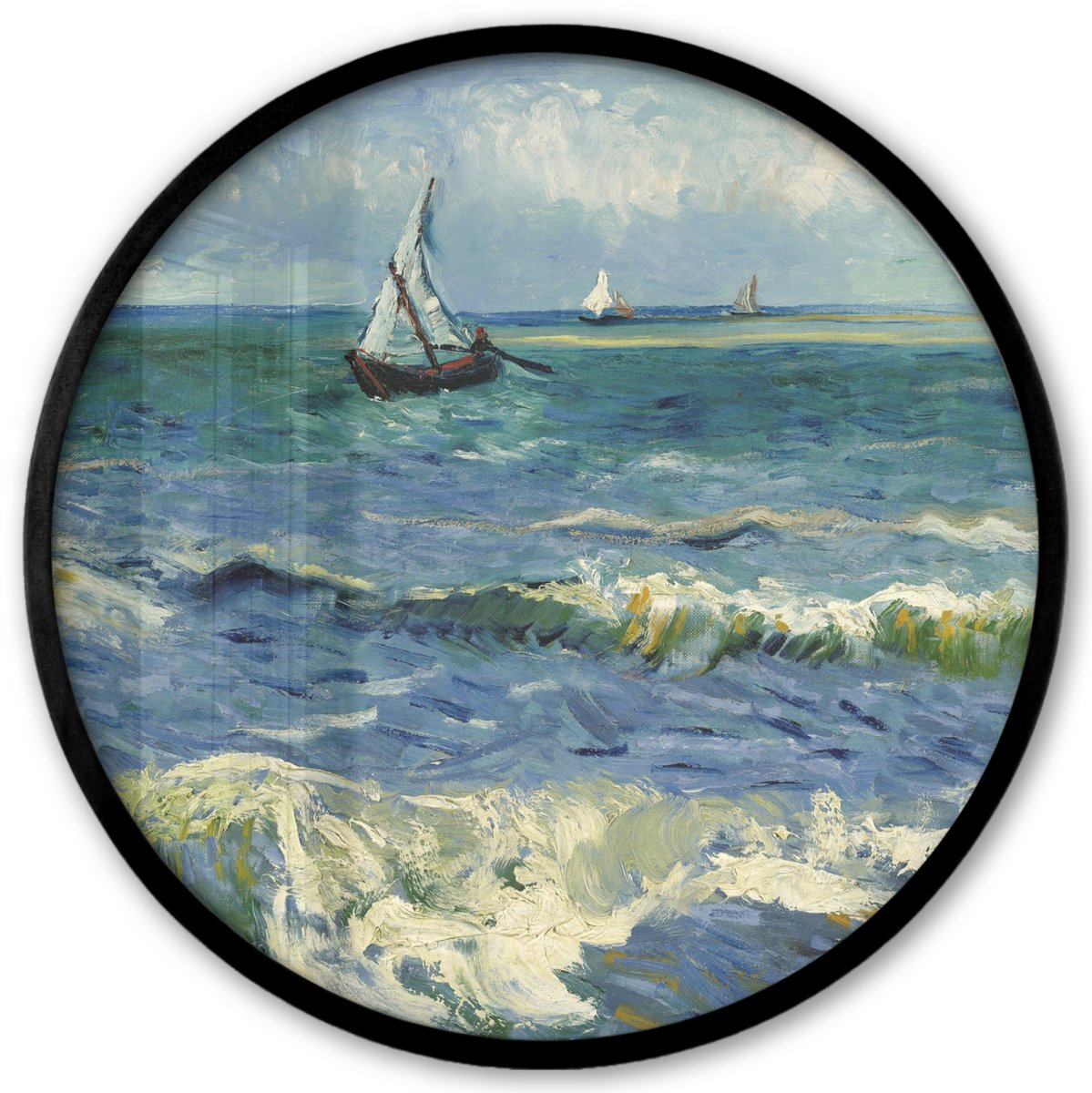 FrameYourWall Poster in lijst Rond - Fotolijst 40x40 cm - Posters - Zeegezicht bij Les Saintes-Maries-de-la-Mer - Vincent van Gogh - Ronde posterlijst zwart - Decoratie - Wanddecoratie woonkamer - Muurdecoratie slaapkamer Multicolor