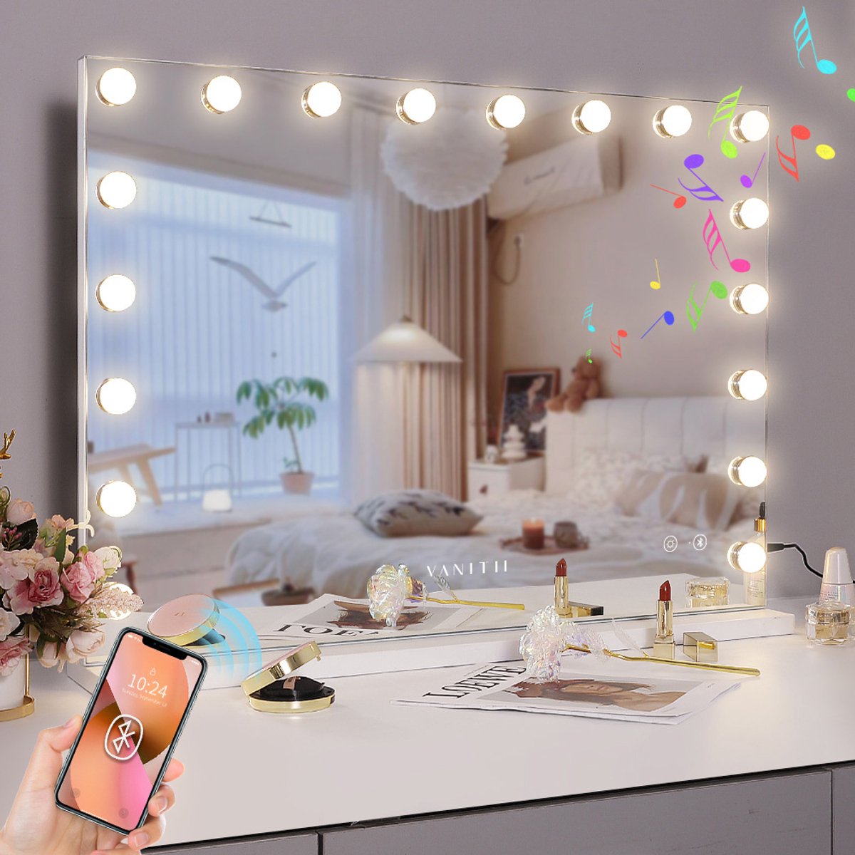 VANITII Grote Hollywood Vanity Spiegel - Intelligente Bluetooth-verbinding - USB oplaadbare poort - Drie LED-verlichtingsmodi - Tafelblad Wandmontage 80*58CM-10x vergrootglas WIT