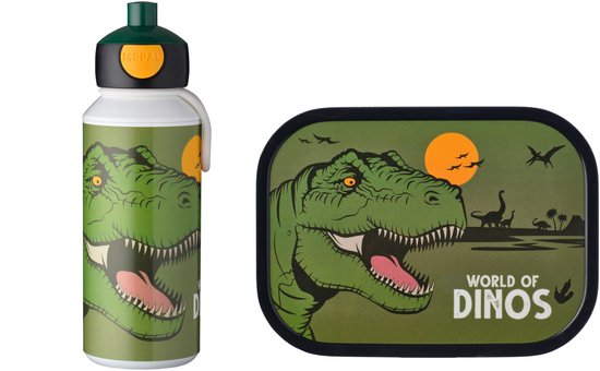 Bouteille et boîte à lunch vertes avec imprimé dinosaure. Texte : WORLD OF DINOS.