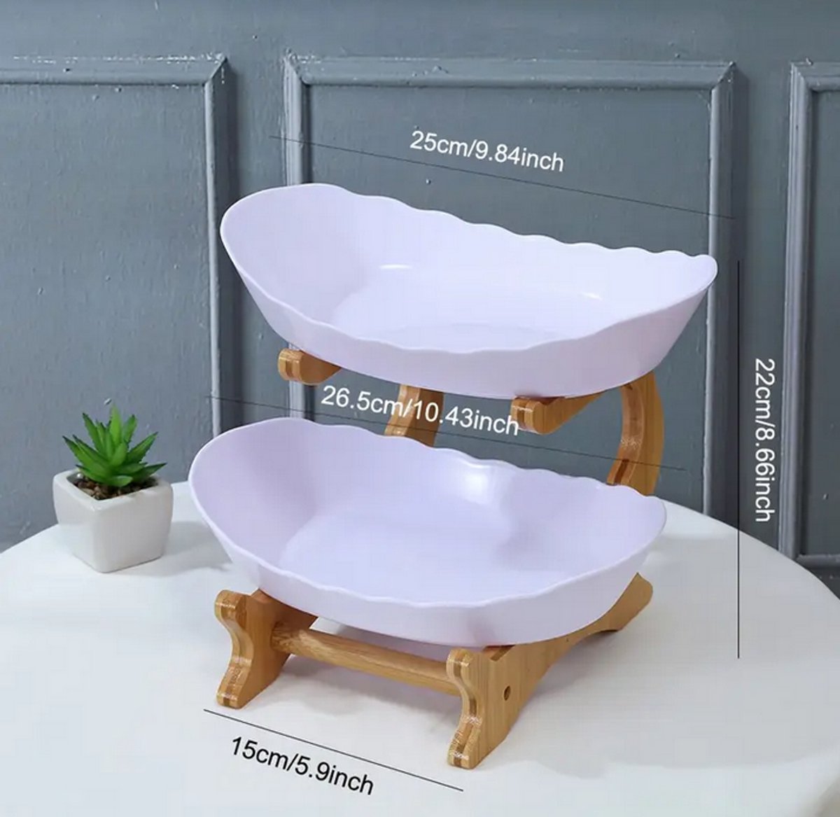 Tweelaagse houten fruitmand – decoratieve houten serveerschaal voor fruit, snacks en gedroogd fruit – multifunctioneel keukenrek met Europees design – duurzaam en ruimtebesparend – ideaal voor tafel, aanrecht of buffet