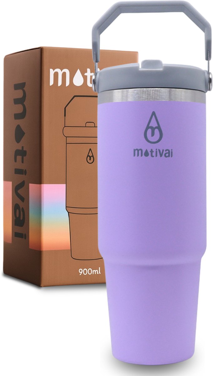 Motivai Flip Straw Tumbler - Lila - 30oz - Travel Cup - RVS Thermosbeker met Handvat en Rietje - Drinkbeker To Go - 900 ML - Travel Mug - Thermosbeker - Thermosfles - Thermoskan - Geschikt voor warme en kouden dranken - Drinkfles - Waterflessen