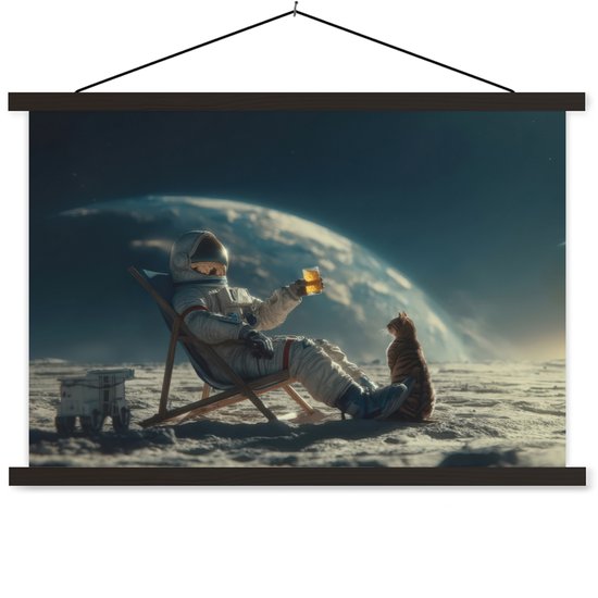 Posterhanger incl. Poster 90x60 cm - Schoolplaat - Astronaut - Kat - Glas - Stoel - Textielposter - Zwarte latten