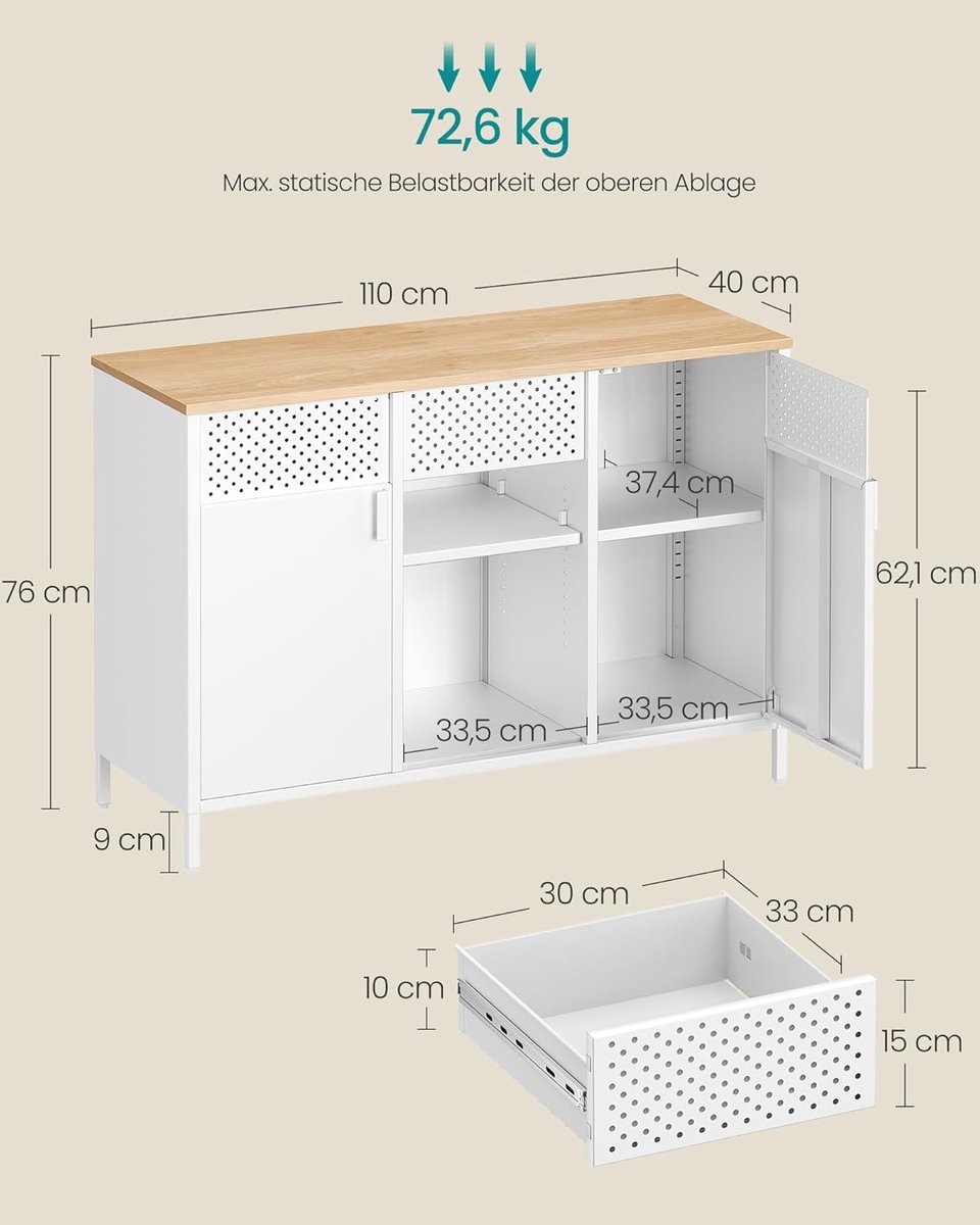 Metalen Opbergkast – Dressoir met Dubbele Deuren & Lade – Industriële Kast met Verstelbare Planken – Stalen Frame – Mat Wit & Eikenbeige – 110 x 40 x 76 cm – Moderne Kast voor Woonkamer, Keuken & Kantoor - Ganeey