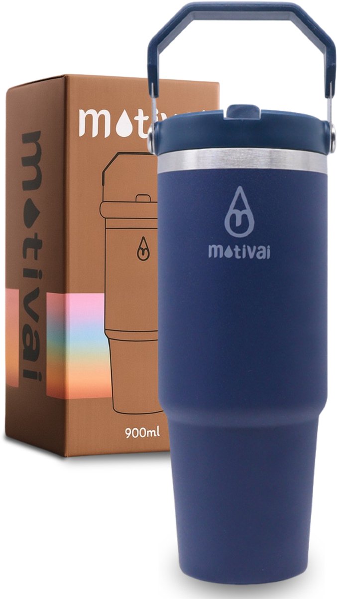 Motivai Flip Straw Tumbler - Donker Blauw - 30oz - Travel Cup - RVS Thermosbeker met Handvat en Rietje - Drinkbeker To Go - 900 ML - Travel Mug - Thermosbeker - Thermosfles - Thermoskan - Voor warme en kouden dranken - Drinkfles - Waterflessen