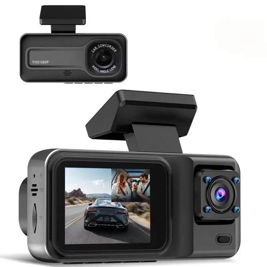 Dashcam met Dubbele Lens – 1080p Full HD, Nachtzicht, Bewegingsdetectie & Parkeerbewaking – Inclusief 32GB Geheugenkaart