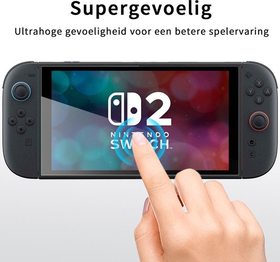 Vinger raakt het scherm aan van een Nintendo Switch met screenprotector. "Supergevoelig Ultrahoge gevoeligheid voor een betere spelervaring".