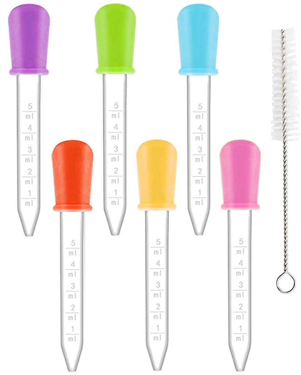 Pipetflesje - 6 Stuks - Pipet Set - 5ml - Vloeistof druppelaars - Siliconen druppelaar - Druppelteller - Pipetten voor Vloeistoffen - met borstels -voor kinderen snoepvormen, Jello-vormen, knutselprojecten
